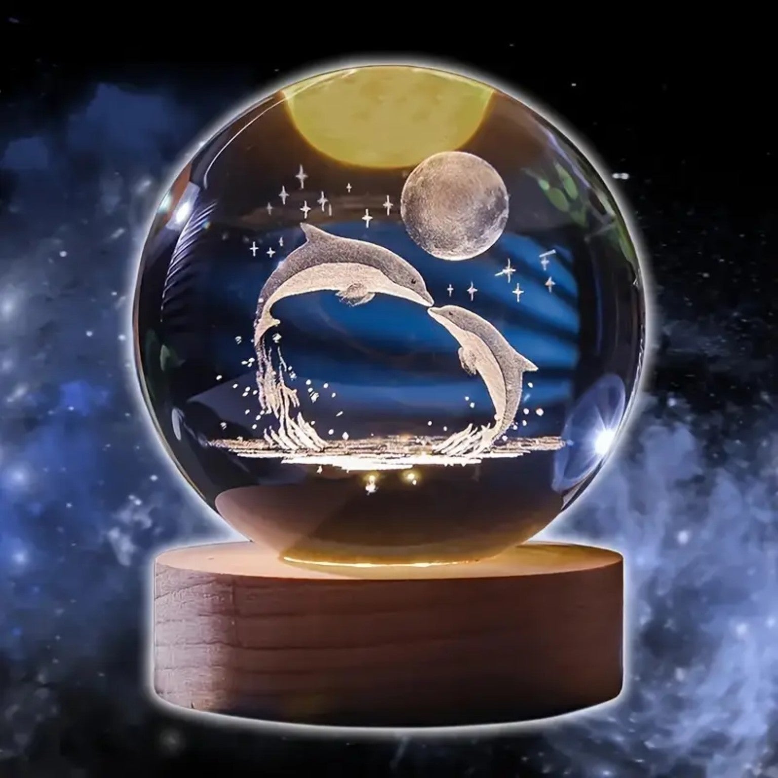 Crystal ball with dolphin design on a wooden base against a starry night sky