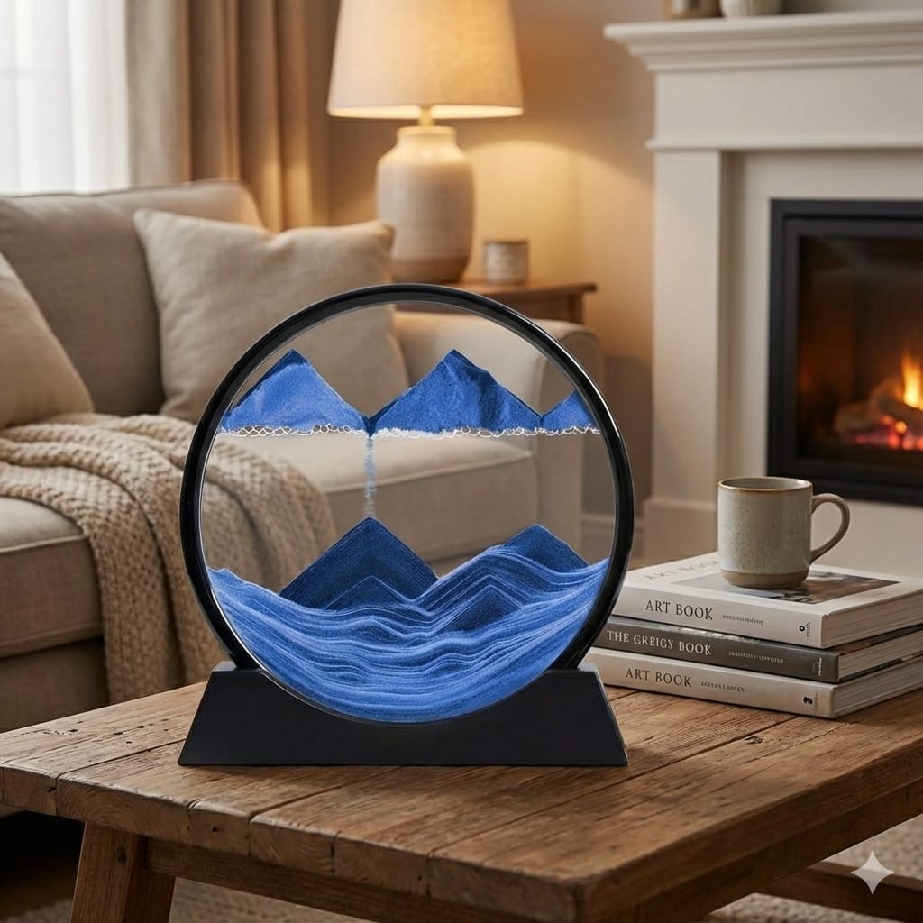 Blue mountain-shaped lamp on a wooden table in a cozy living room.