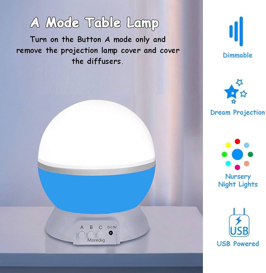 Mode table lamp with blue base and white top on a light gray surface, featuring text and icons on the right.