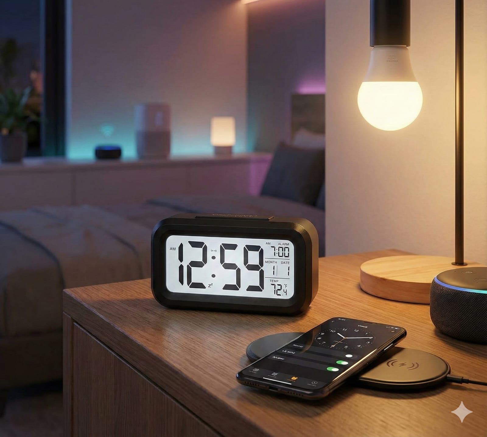 Digital clock on a nightstand with smartphone and wireless charger, bedroom setting