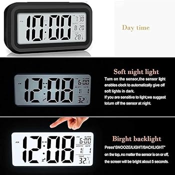 Digital clock with various display modes on a black background