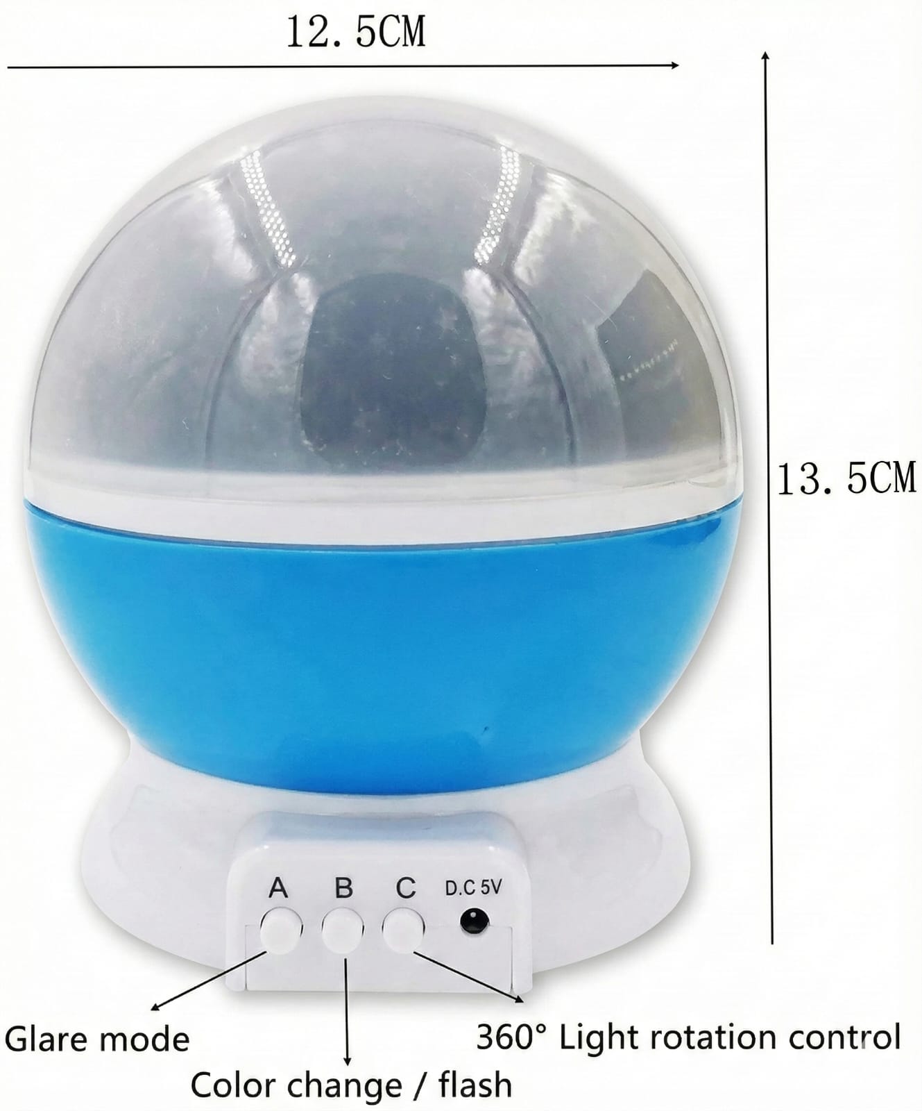 Blue and white spherical night light with control buttons and dimensions displayed.