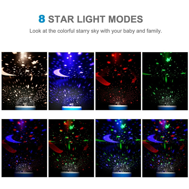 Star light modes display with colorful projections on a white background