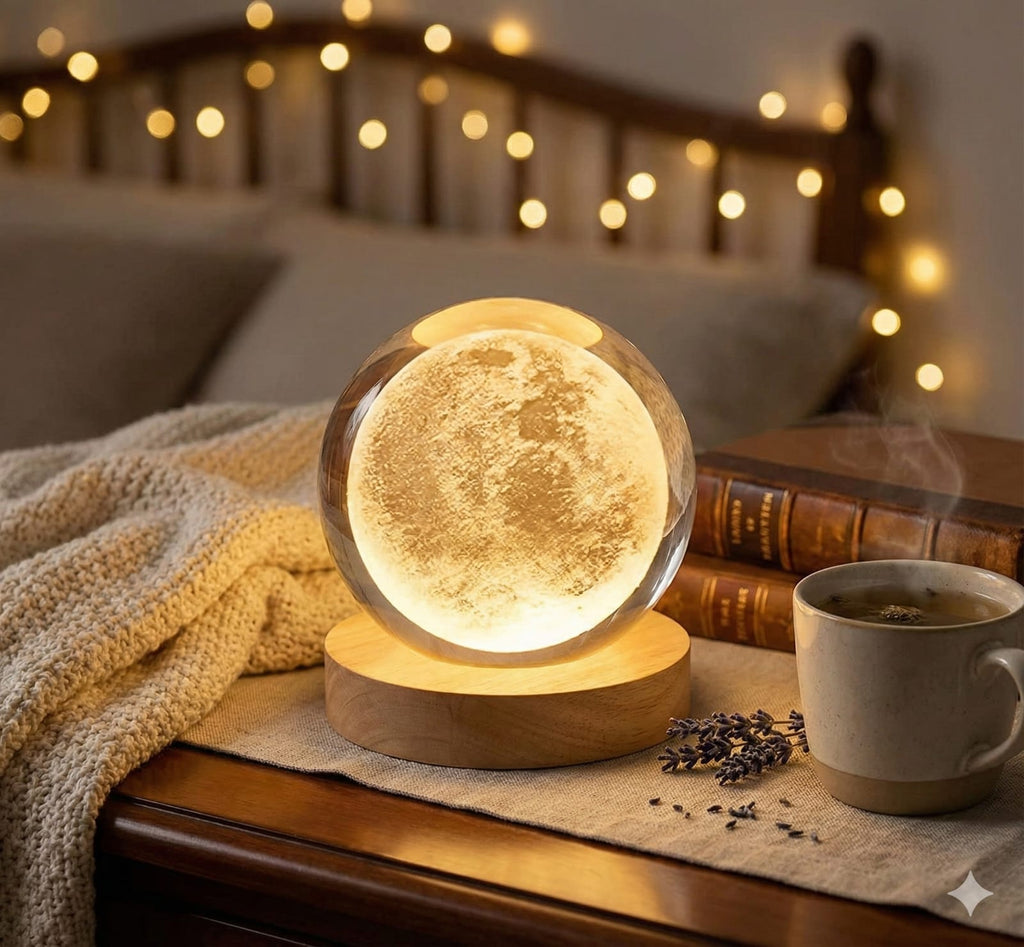 Moon lamp on a bedside table with a cup of tea and lavender