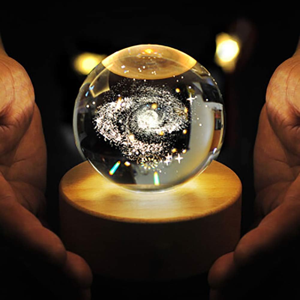 3D Crystal Galaxy LED Night Light – Premium Glass Ball Lamp with Wooden Base