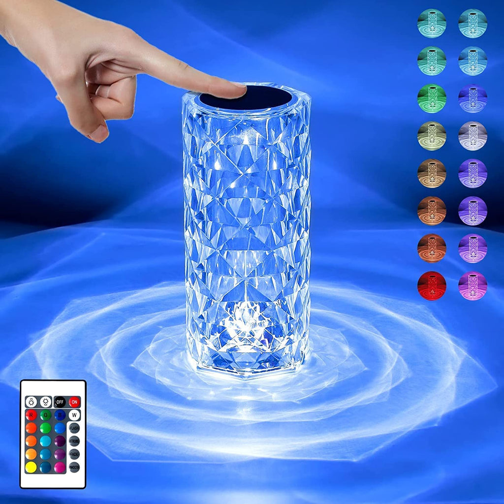 Crystal-like LED lamp with remote control on a blue background