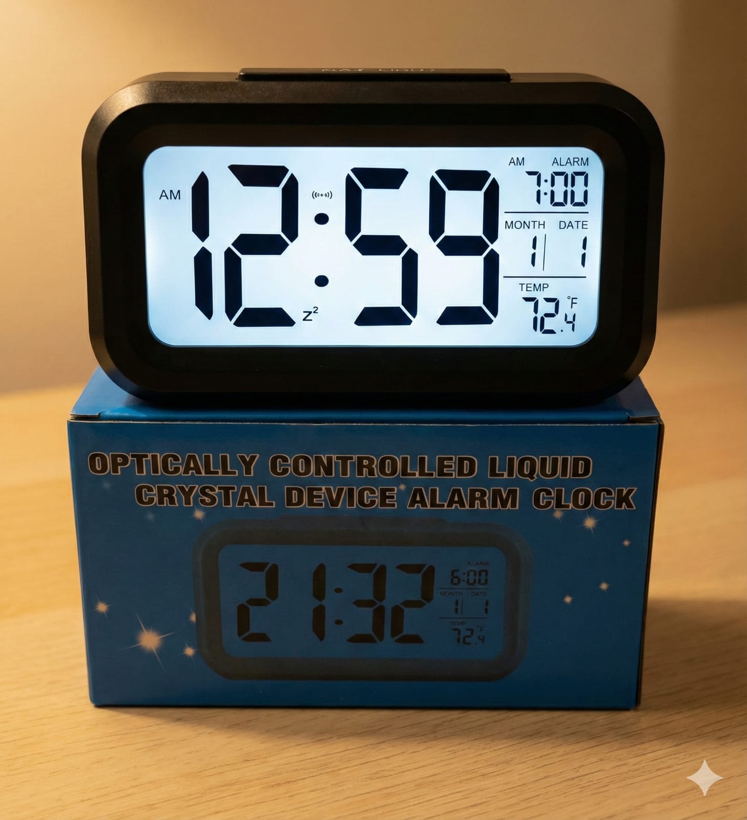 Digital alarm clock on top of its packaging box with a beige background