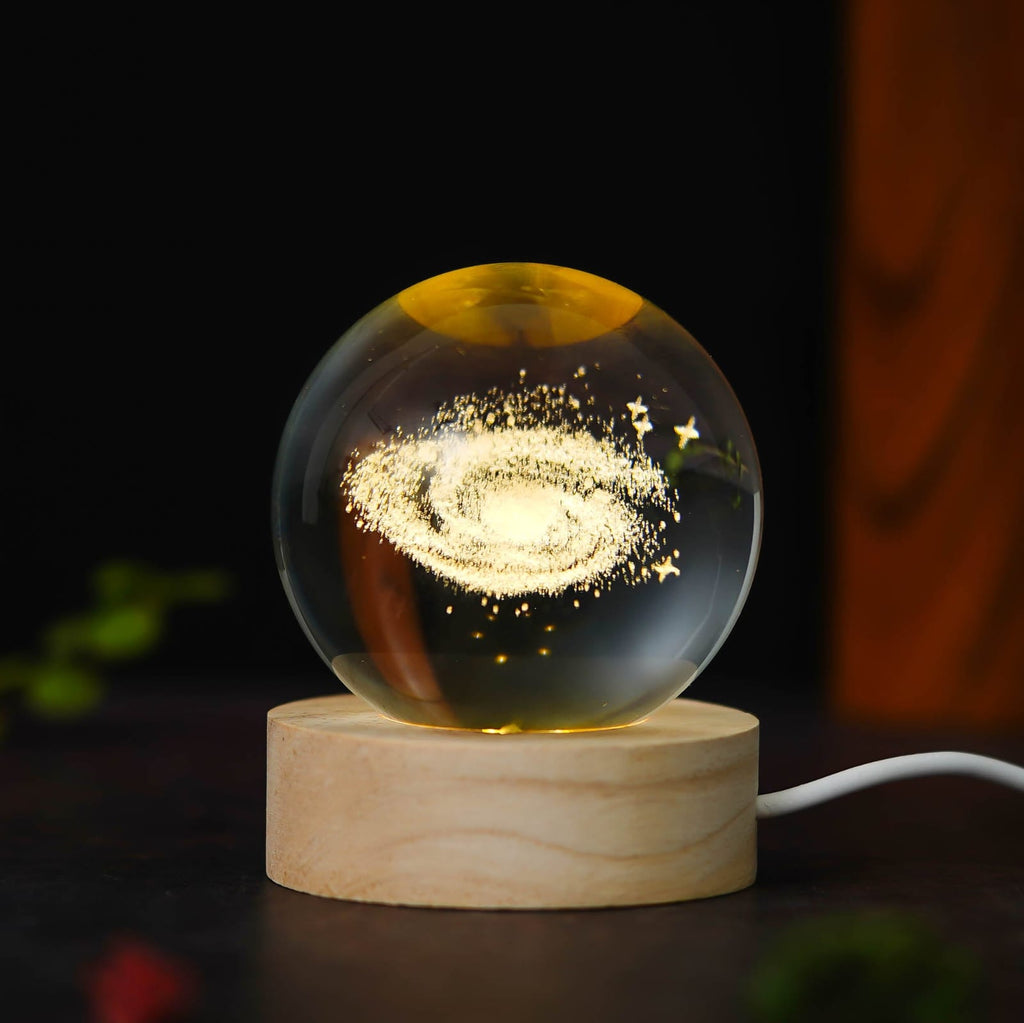 3D Crystal Galaxy LED Night Light – Premium Glass Ball Lamp with Wooden Base