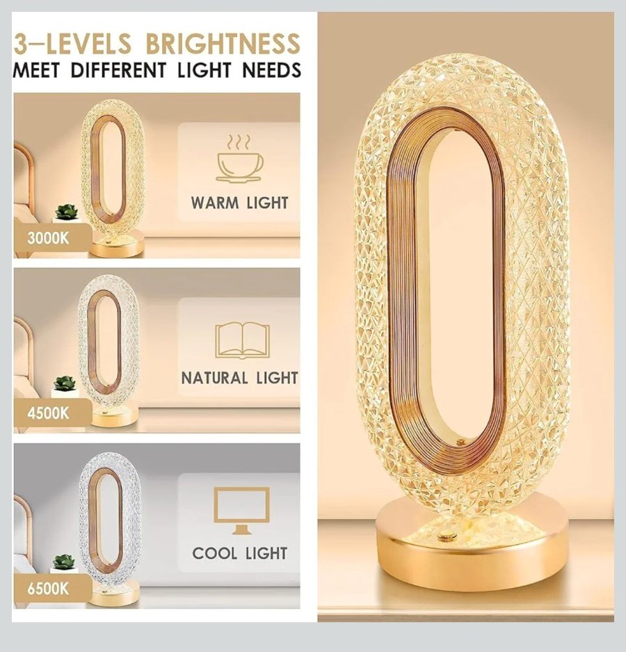 Luxury Crystal LED Touch Table Lamp – 3 Color Modes | USB Type-C Rechargeable