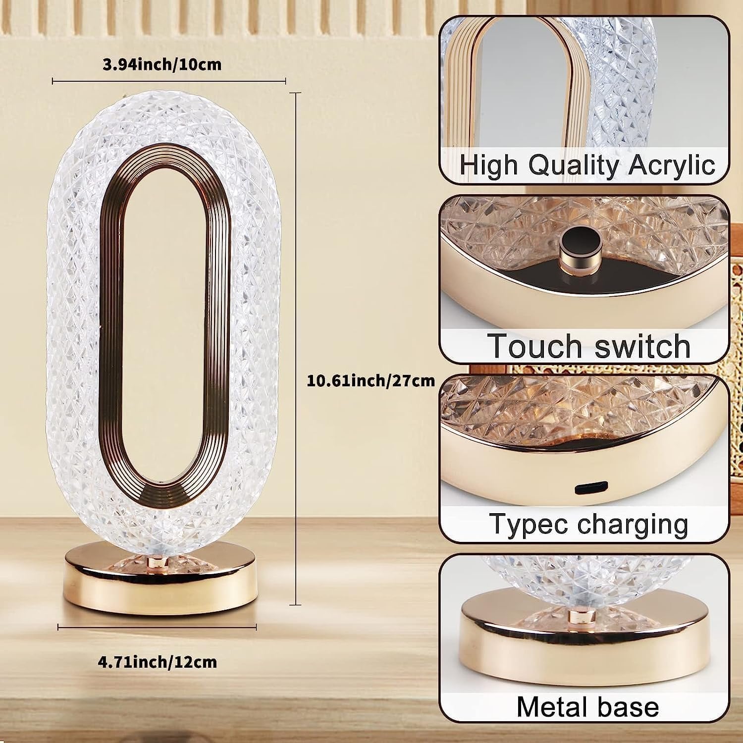 Luxury Crystal LED Touch Table Lamp – 3 Color Modes | USB Type-C Rechargeable
