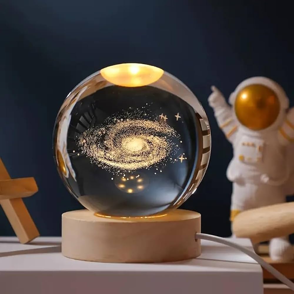 3D Crystal Galaxy LED Night Light – Premium Glass Ball Lamp with Wooden Base